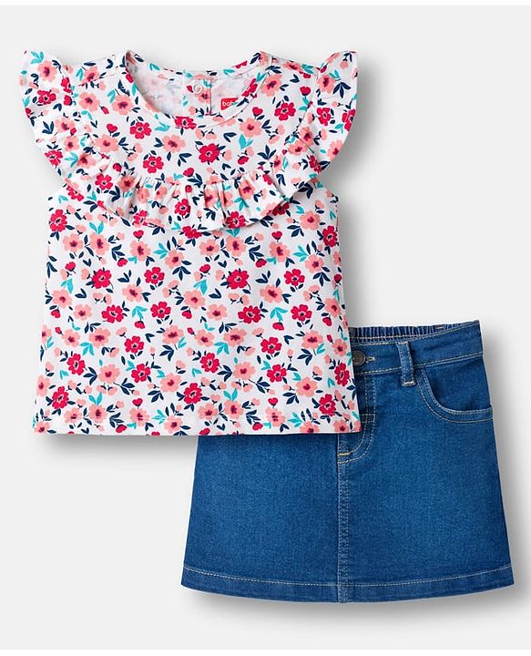 Babyhug Single Jersey Knit Frill Sleeves Top & Denim Skirt Set With Floral Print - White & Blue