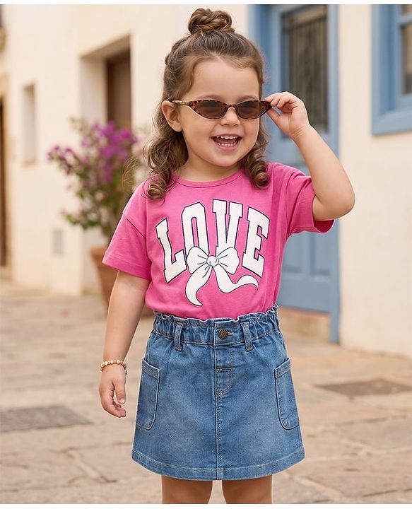 Babyhug Single Jersey Knit Half Sleeves Top & Denim Skirt Set With Love Print - Pink & Blue