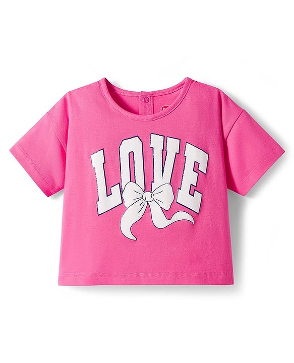 Babyhug Single Jersey Knit Half Sleeves Top & Denim Skirt Set With Love Print - Pink & Blue