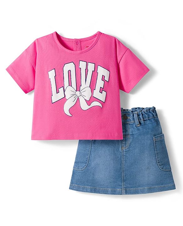 Babyhug Single Jersey Knit Half Sleeves Top & Denim Skirt Set With Love Print - Pink & Blue