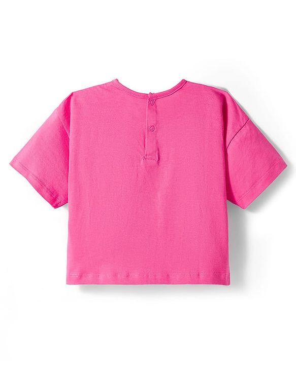 Babyhug Single Jersey Knit Half Sleeves Top & Denim Skirt Set With Love Print - Pink & Blue
