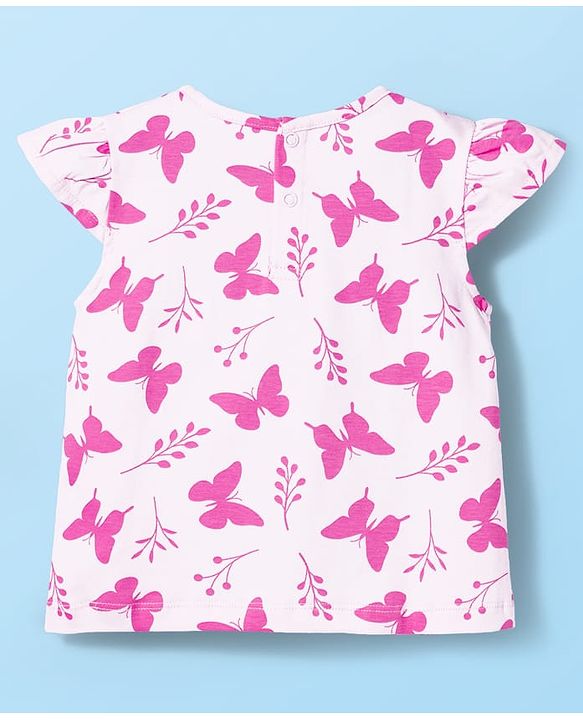 Babyhug Single Jersey Knit Half Cap Sleeves Dungaree & T-Shirt with Butterfly Print - Pink & Blue