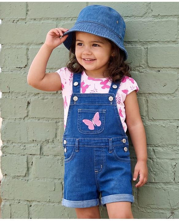 Babyhug Single Jersey Knit Half Cap Sleeves Dungaree & T-Shirt with Butterfly Print - Pink & Blue