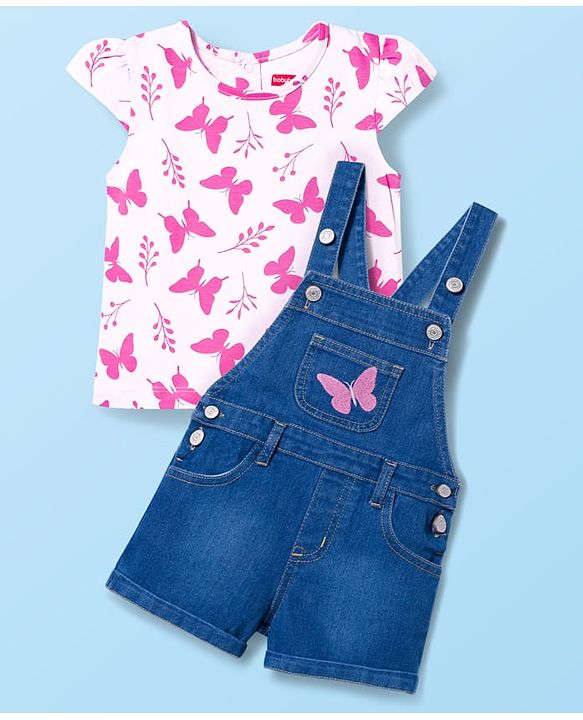 Babyhug Single Jersey Knit Half Cap Sleeves Dungaree & T-Shirt with Butterfly Print - Pink & Blue