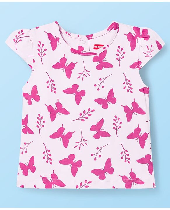 Babyhug Single Jersey Knit Half Cap Sleeves Dungaree & T-Shirt with Butterfly Print - Pink & Blue