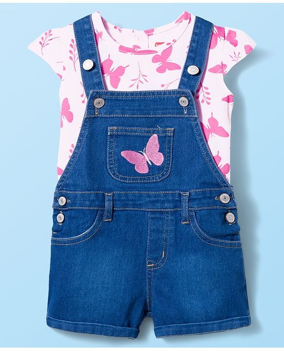 Babyhug Single Jersey Knit Half Cap Sleeves Dungaree & T-Shirt with Butterfly Print - Pink & Blue