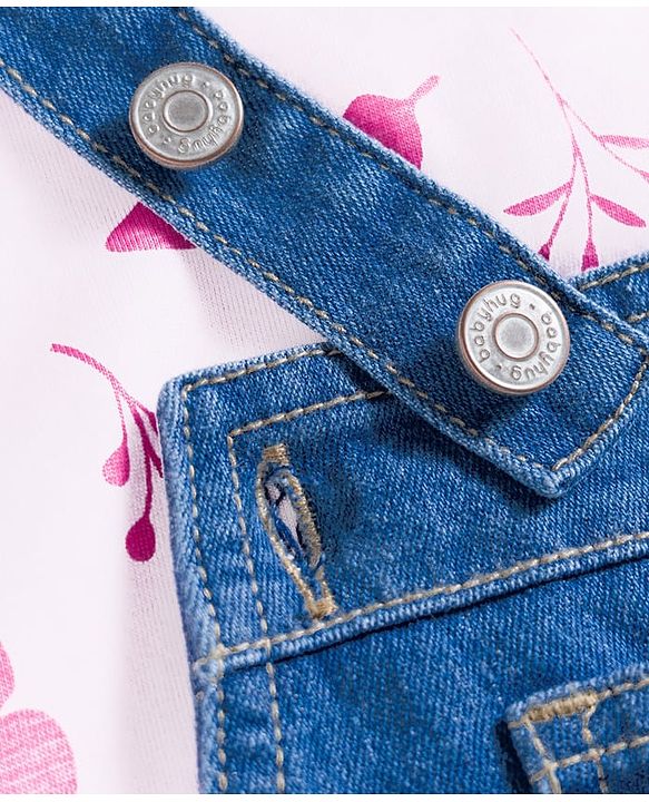 Babyhug Single Jersey Knit Half Cap Sleeves Dungaree & T-Shirt with Butterfly Print - Pink & Blue
