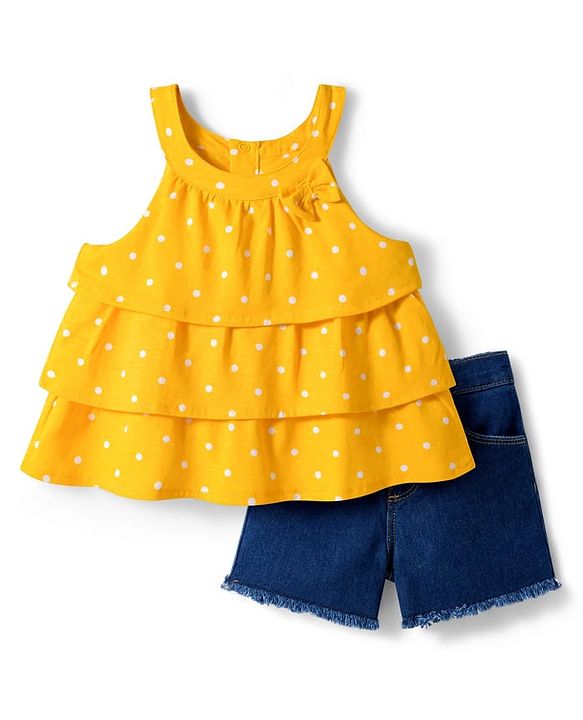 Babyhug Single Jersey Knit Sleeveless Top & Denim Shorts Set With Polka Dot Print & Bow Applique - Yellow