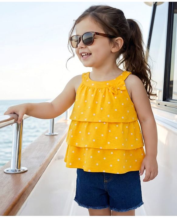 Babyhug Single Jersey Knit Sleeveless Top & Denim Shorts Set With Polka Dot Print & Bow Applique - Yellow