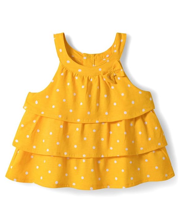 Babyhug Single Jersey Knit Sleeveless Top & Denim Shorts Set With Polka Dot Print & Bow Applique - Yellow