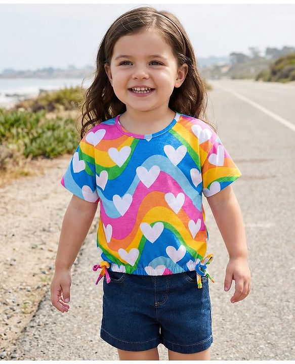 Babyhug Single Jersey Knit Half Sleeves Top & Denim Shorts Set With Heart Print - Blue