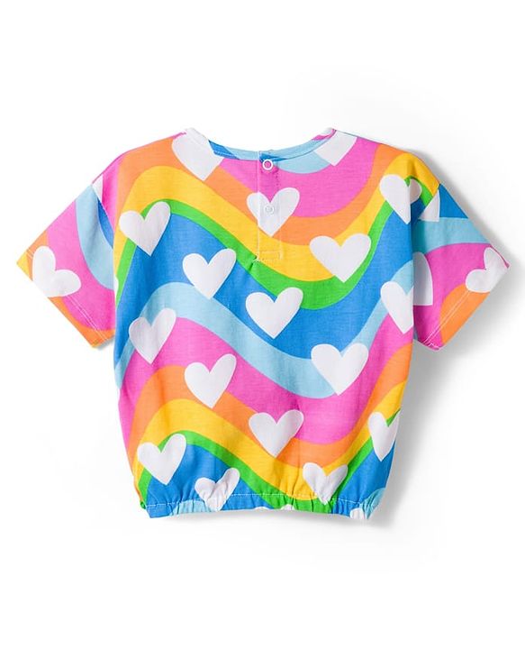 Babyhug Single Jersey Knit Half Sleeves Top & Denim Shorts Set With Heart Print - Blue