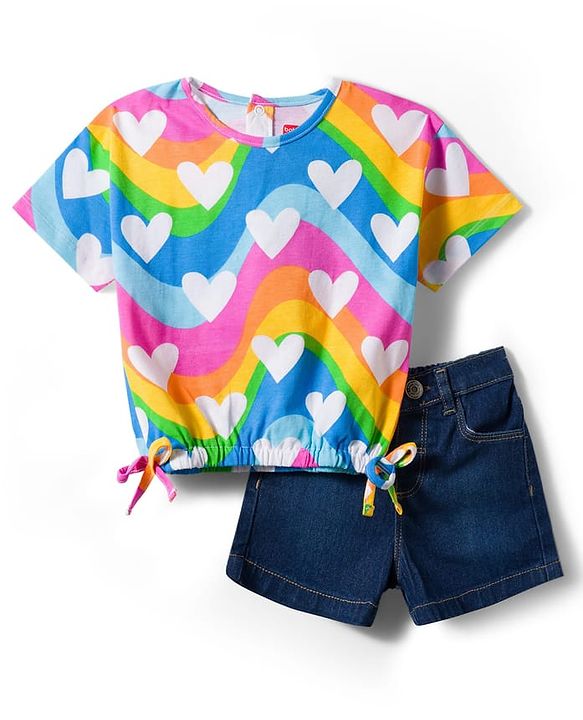 Babyhug Single Jersey Knit Half Sleeves Top & Denim Shorts Set With Heart Print - Blue