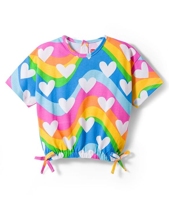 Babyhug Single Jersey Knit Half Sleeves Top & Denim Shorts Set With Heart Print - Blue