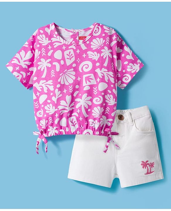 Babyhug Single Jersey Knit Half Sleeves Top & Shorts Set With Tropical Print - Pink & White
