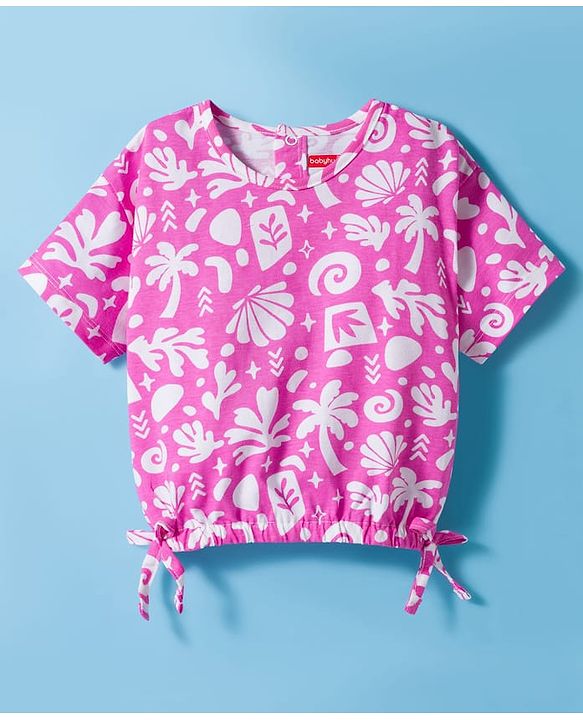 Babyhug Single Jersey Knit Half Sleeves Top & Shorts Set With Tropical Print - Pink & White