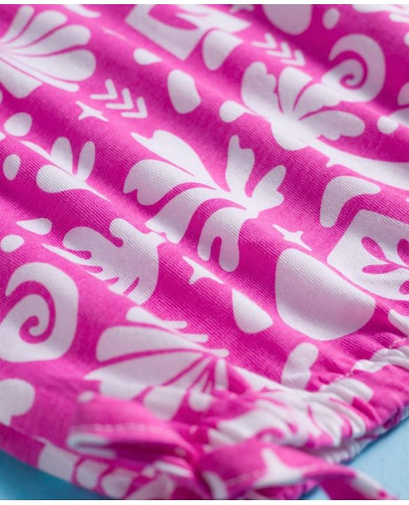 Babyhug Single Jersey Knit Half Sleeves Top & Shorts Set With Tropical Print - Pink & White