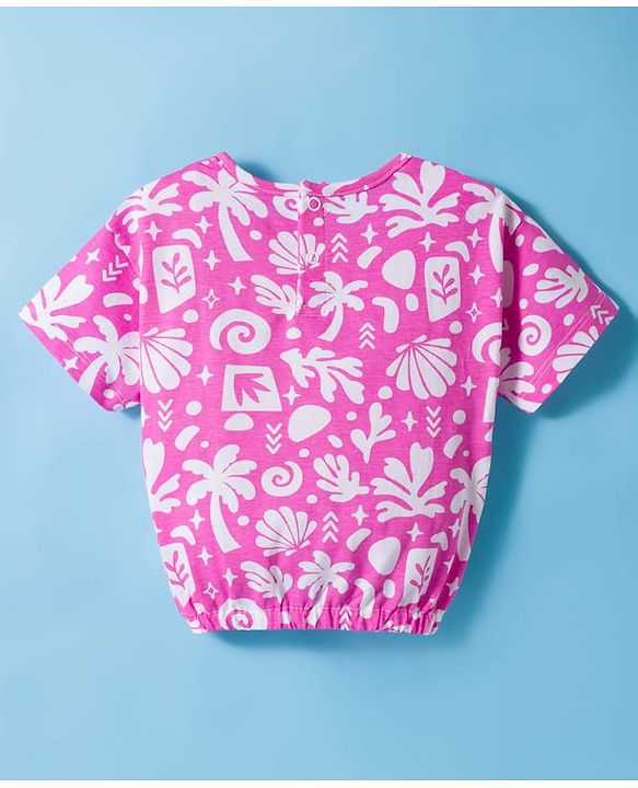 Babyhug Single Jersey Knit Half Sleeves Top & Shorts Set With Tropical Print - Pink & White
