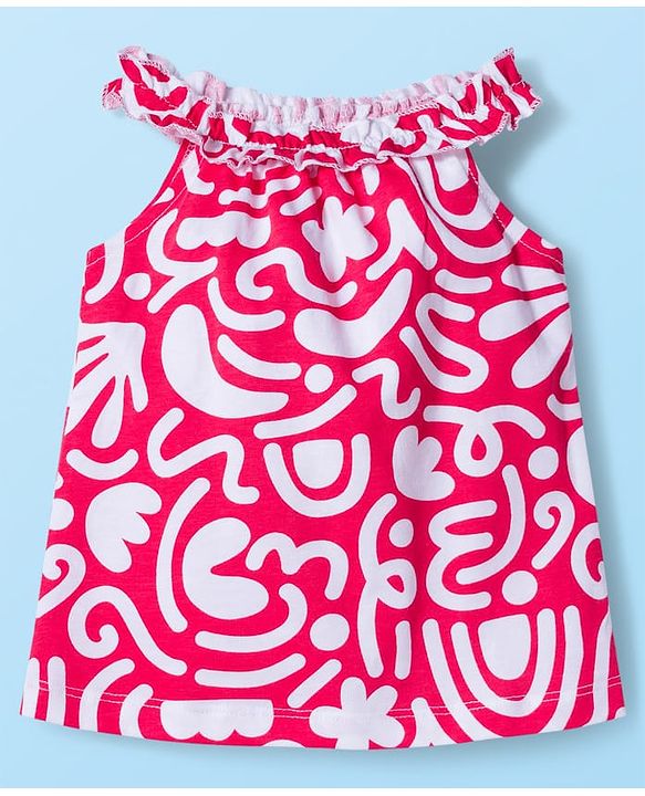 Babyhug Single Jersey Knit Sleeveless Printed Top & Denim Shorts Set - Dark Pink & White