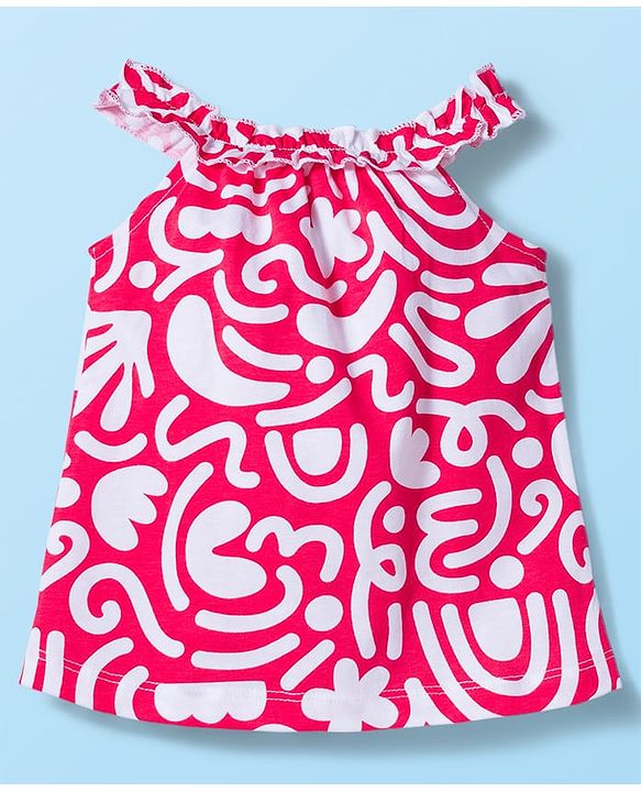 Babyhug Single Jersey Knit Sleeveless Printed Top & Denim Shorts Set - Dark Pink & White