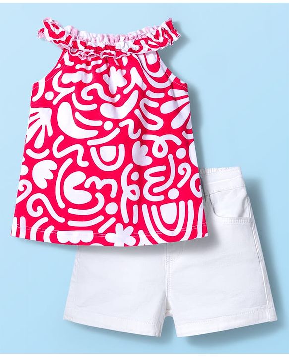 Babyhug Single Jersey Knit Sleeveless Printed Top & Denim Shorts Set - Dark Pink & White