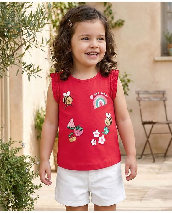 Babyhug Single Jersey Knit Sleeveless Top & Shorts Set with Tropical Theme Print - Red & White