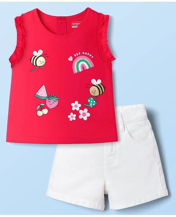 Babyhug Single Jersey Knit Sleeveless Top & Shorts Set with Tropical Theme Print - Red & White