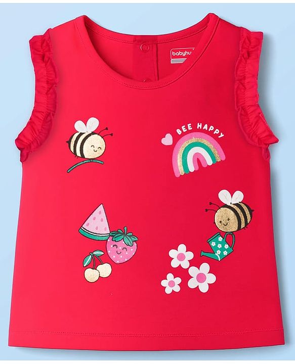 Babyhug Single Jersey Knit Sleeveless Top & Shorts Set with Tropical Theme Print - Red & White