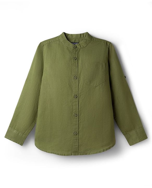 Pine Kids Linen Woven Full Sleeves Solid Shirt - Green