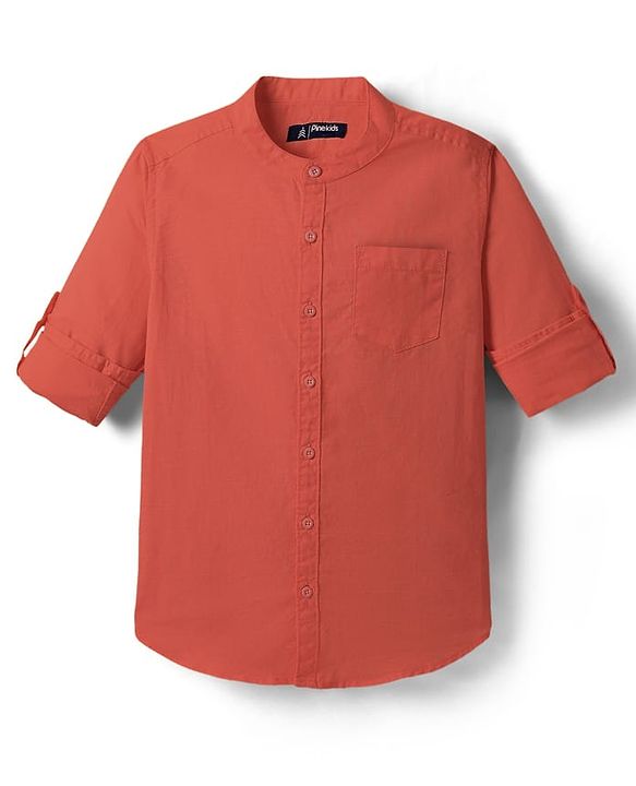 Pine Kids Linen Woven Full Sleeves Solid Shirt - Green