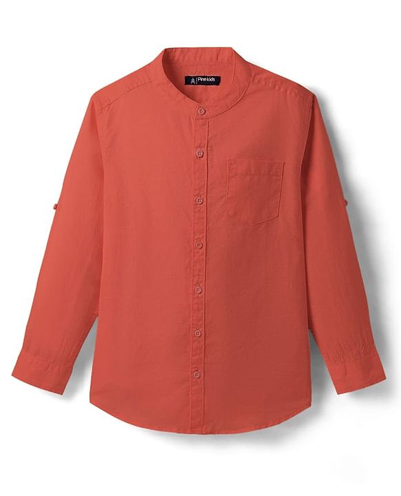 Pine Kids Linen Woven Full Sleeves Solid Shirt - Green