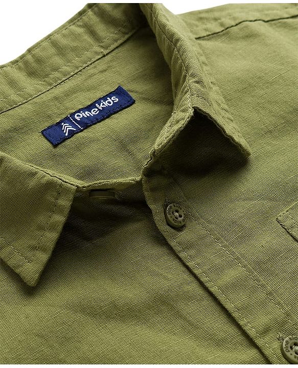 Pine Kids Linen Woven Half Sleeves Solid Shirt - Green