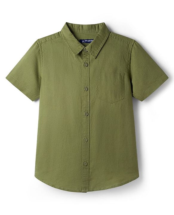 Pine Kids Linen Woven Half Sleeves Solid Shirt - Green