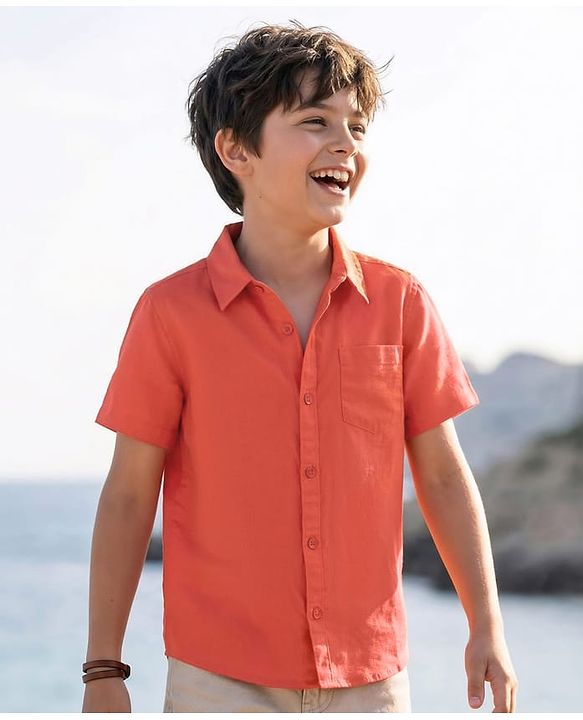 Pine Kids Linen Woven Half Sleeves Solid Shirt - Green