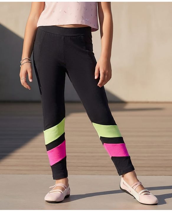 Pine Kids Cotton Lycra Knit Full Length Leggings With Cut & Sew Design - Black