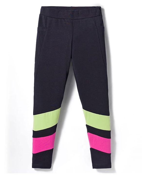 Pine Kids Cotton Lycra Knit Full Length Leggings With Cut & Sew Design - Black