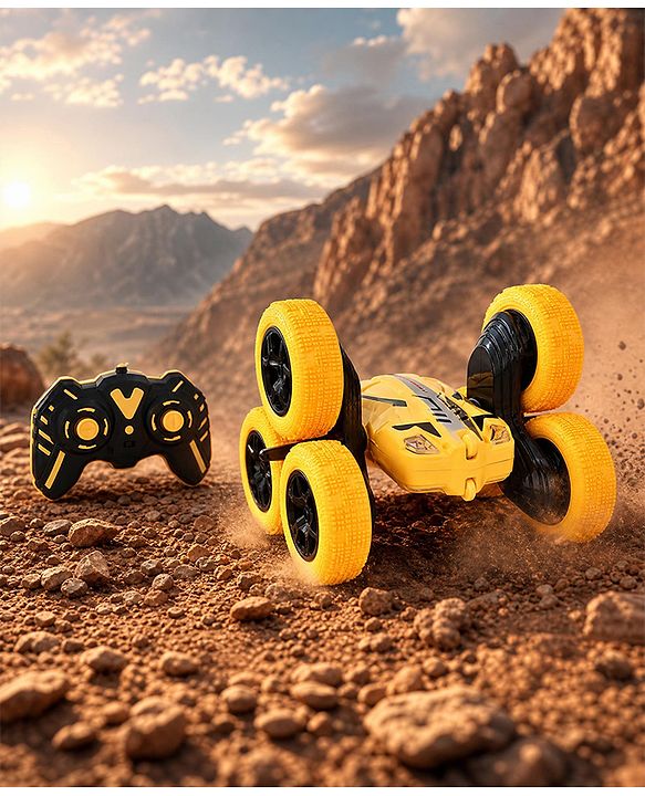 Babyhug Double Flip Sixer Stunt Car with Lights - Yellow| 360° Rotating Flip Action|6-Wheel High-Speed Off-Road Drift Car|2.4 GHz Long Range Remote Control| Type-C Charging| Best Gift for 4+ Year Kids