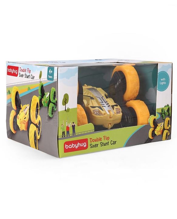 Babyhug Double Flip Sixer Stunt Car with Lights - Yellow| 360° Rotating Flip Action|6-Wheel High-Speed Off-Road Drift Car|2.4 GHz Long Range Remote Control| Type-C Charging| Best Gift for 4+ Year Kids