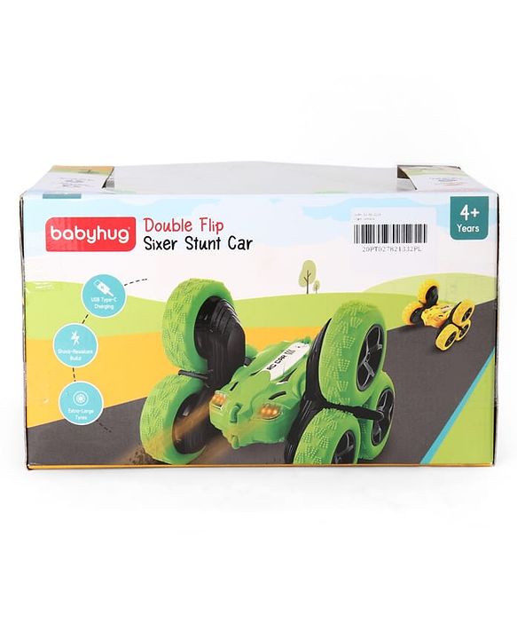 Babyhug Double Flip Sixer Stunt Car with Lights - Yellow| 360° Rotating Flip Action|6-Wheel High-Speed Off-Road Drift Car|2.4 GHz Long Range Remote Control| Type-C Charging| Best Gift for 4+ Year Kids