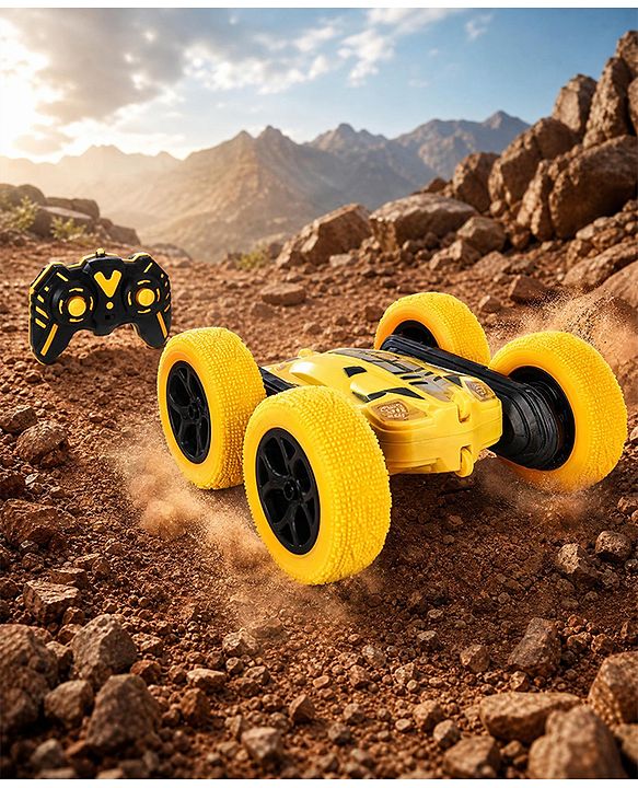 Babyhug Double Flip 360° Stunt Car with Lights - Yellow| 4 Wheel Drive Drift High Speed RC Car| Double Sided Rotating Wheels| 2.4 GHz Long Range Remote| Type-C Charging| Best Gift for 4+ Year Kids