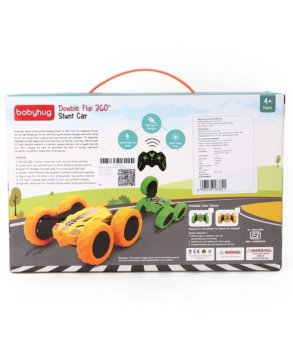 Babyhug Double Flip 360° Stunt Car with Lights - Yellow| 4 Wheel Drive Drift High Speed RC Car| Double Sided Rotating Wheels| 2.4 GHz Long Range Remote| Type-C Charging| Best Gift for 4+ Year Kids