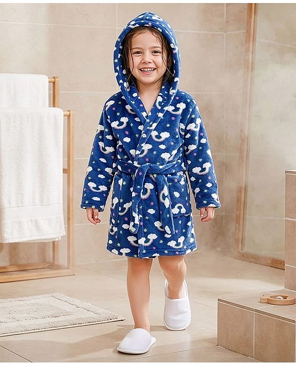 Babyhug Knit Full Sleeves Hooded Bathrobe with Rainbow Print - Navy Blue