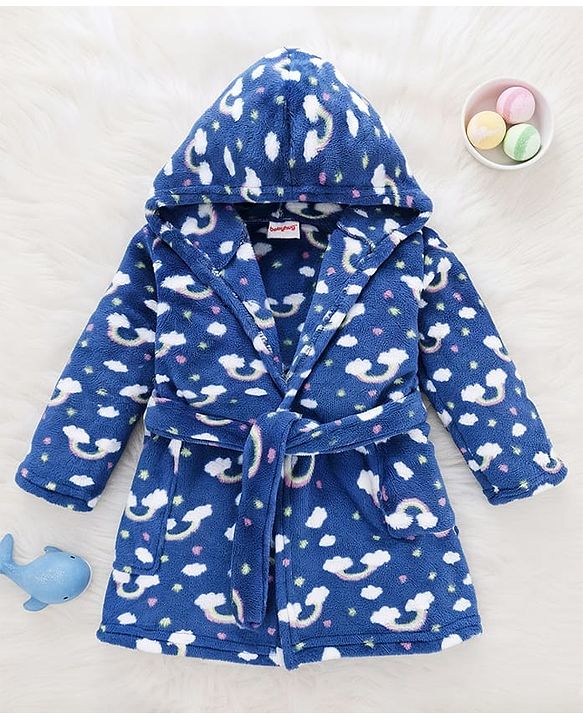 Babyhug Knit Full Sleeves Hooded Bathrobe with Rainbow Print - Navy Blue