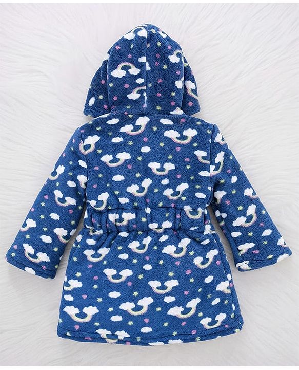Babyhug Knit Full Sleeves Hooded Bathrobe with Rainbow Print - Navy Blue