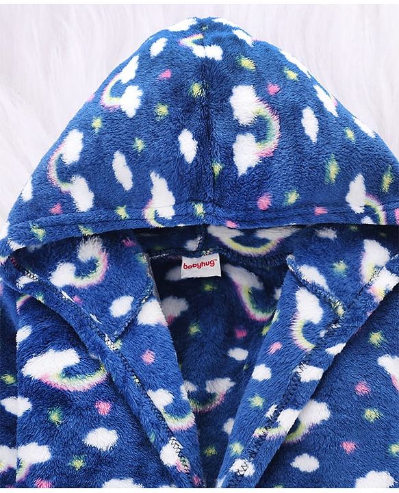 Babyhug Knit Full Sleeves Hooded Bathrobe with Rainbow Print - Navy Blue