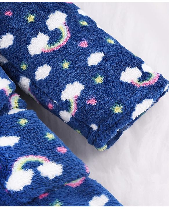 Babyhug Knit Full Sleeves Hooded Bathrobe with Rainbow Print - Navy Blue