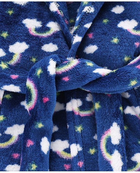 Babyhug Knit Full Sleeves Hooded Bathrobe with Rainbow Print - Navy Blue