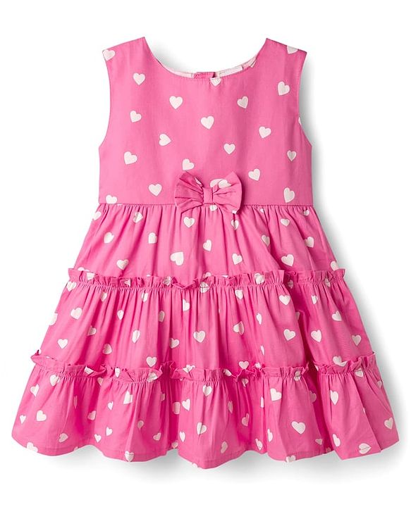 Babyhug Cotton Woven Sleeveless Frock With Heart Print & Bow Applique - Pink