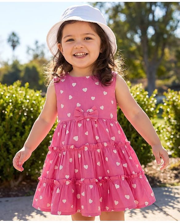 Babyhug Cotton Woven Sleeveless Frock With Heart Print & Bow Applique - Pink