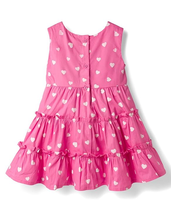 Babyhug Cotton Woven Sleeveless Frock With Heart Print & Bow Applique - Pink
